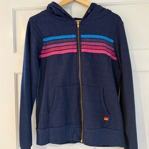 Aviator Nation, 5 Stripe Hoodie, navy with blue to pink gradient stripes, sz M